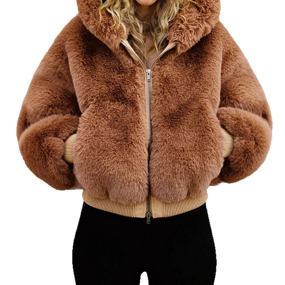 Damen Kurze Teddy-Fauxfur-Bomberjacke mit Kapuze, breitem Rippsaum und Zweiwege-Reißverschluss Nord Taschen