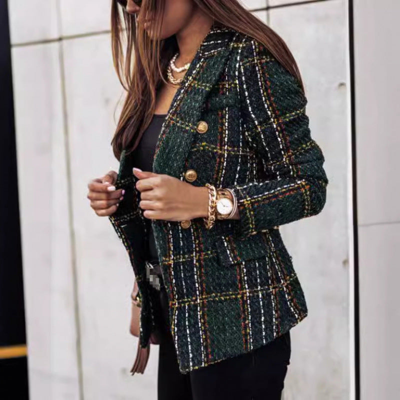 Damen Tweed-Blazer im Glencheck mit doppelreihiger Knopfleiste Nord Taschen
