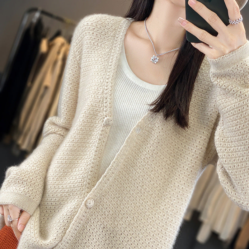 Damen Offener Ajour-Strickcardigan mit dezentem Flauschfinish und kastiger Oversize-Silhouette Nord Taschen