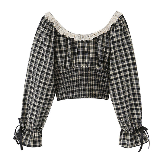 Damen Schulterfreies Karo-Cropped-Top mit Spitzenbesatz, geraffter Taille und Bindebändern Nord Taschen