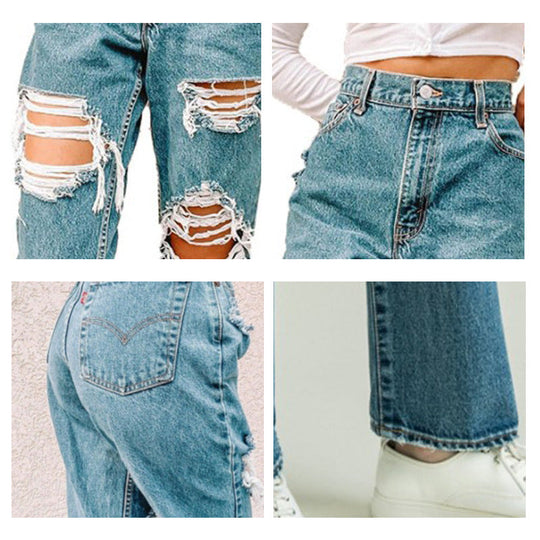 Damen Vintage High-Waist Destroyed Jeans mit fransigen Details