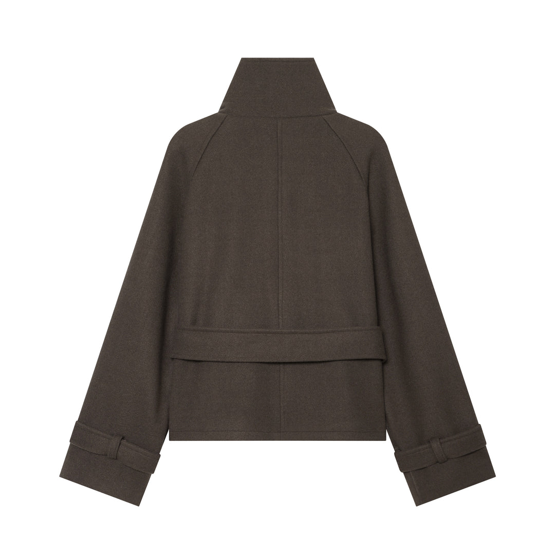 Damen Kurze doppeltreihige Wollmix‑Capejacke mit hohem Stehkragen und Taillengürtel Nord Taschen