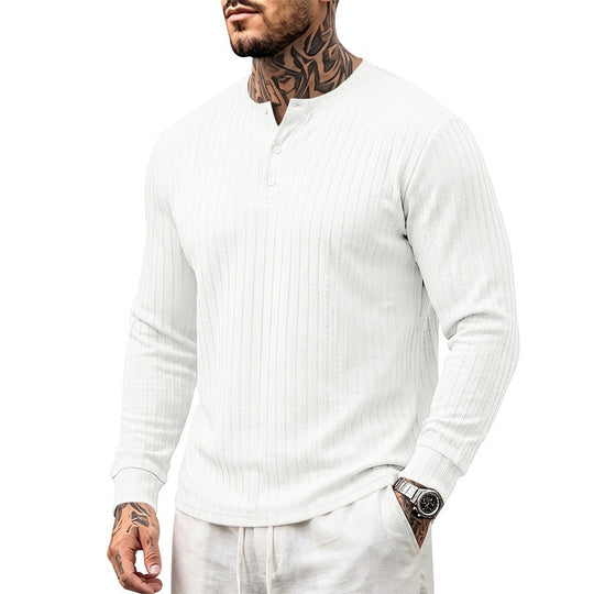 Herren Feinstrukturiertes Henley-Langarmshirt mit Zopfmuster und Knopfleiste Nord Taschen