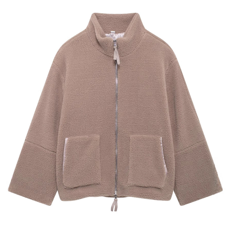 Damen Boxy-Teddyfleece-Jacke mit Stehkragen, Zwei-Wege-Reißverschluss und aufgesetzten Taschen Nord Taschen