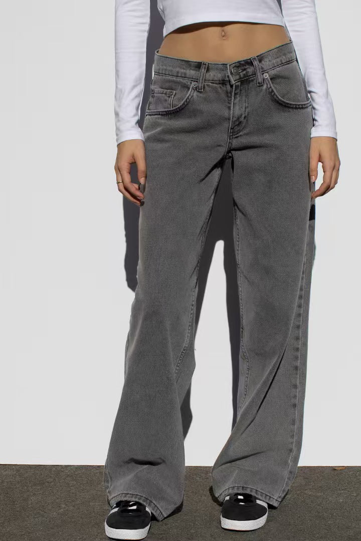 Damen weites Denim Hosenmodell mit tiefem Bund und weitem Schlag Nord Taschen