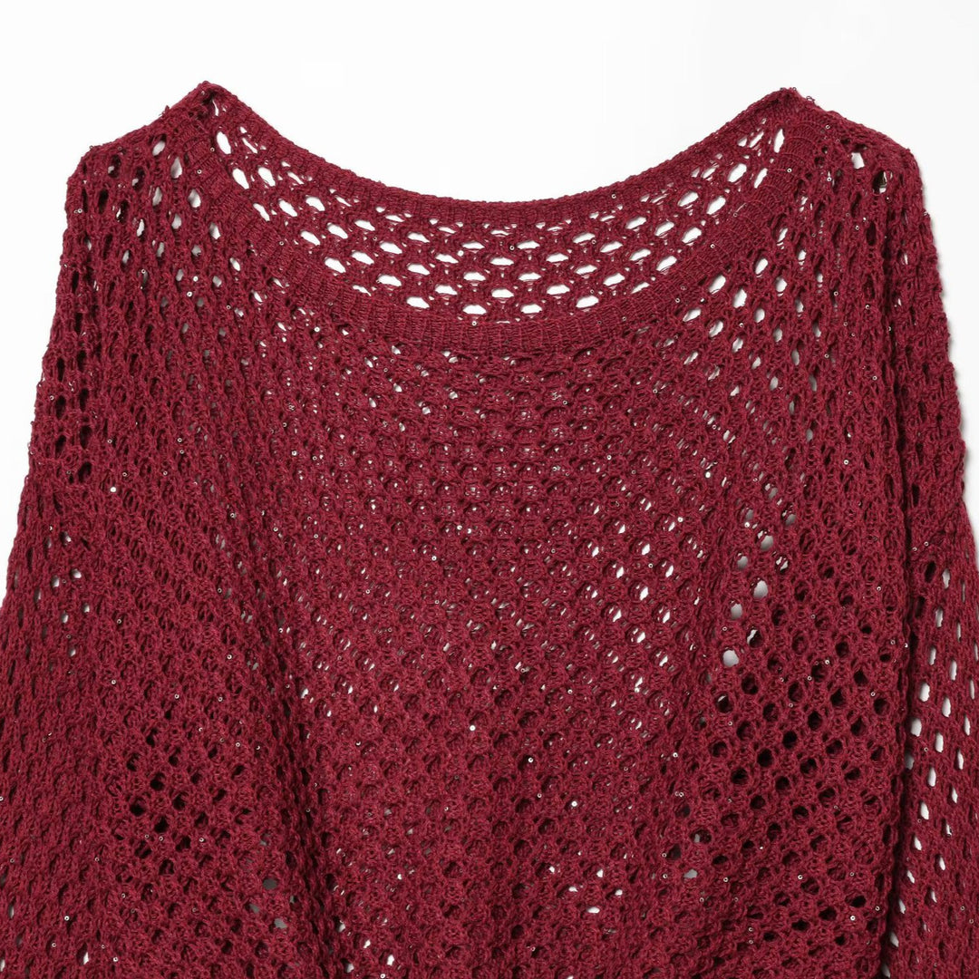 Damen Gehäkelter Lochstrick-Cropped-Pullover mit Ballonärmeln Nord Taschen