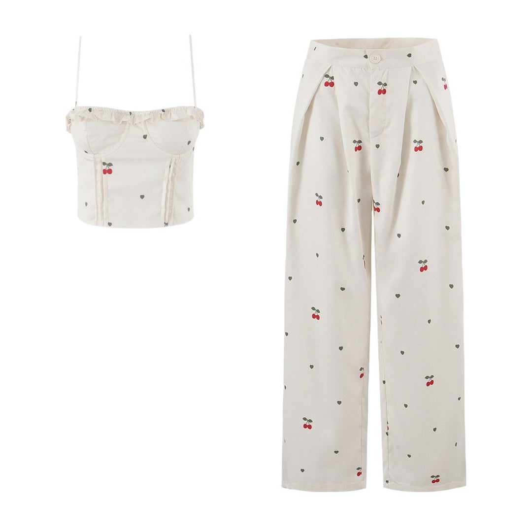 Damen weite High‑Waist Hose mit Kirschenprint und Bundfalten Nord Taschen