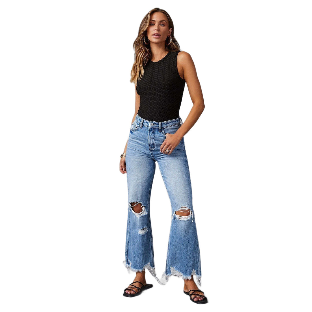 Damen hochgeschnittene ausgestellte Destroyed-Jeans mit Knieausfransungen und rohem Saum Nord Taschen