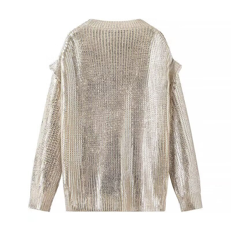 Damen Oversized Strickpullover mit Cut-Out-Schultern und Metallic-Glanz Nord Taschen