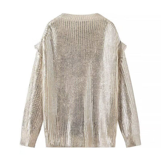 Damen Oversized Strickpullover mit Cut-Out-Schultern und Metallic-Glanz Nord Taschen