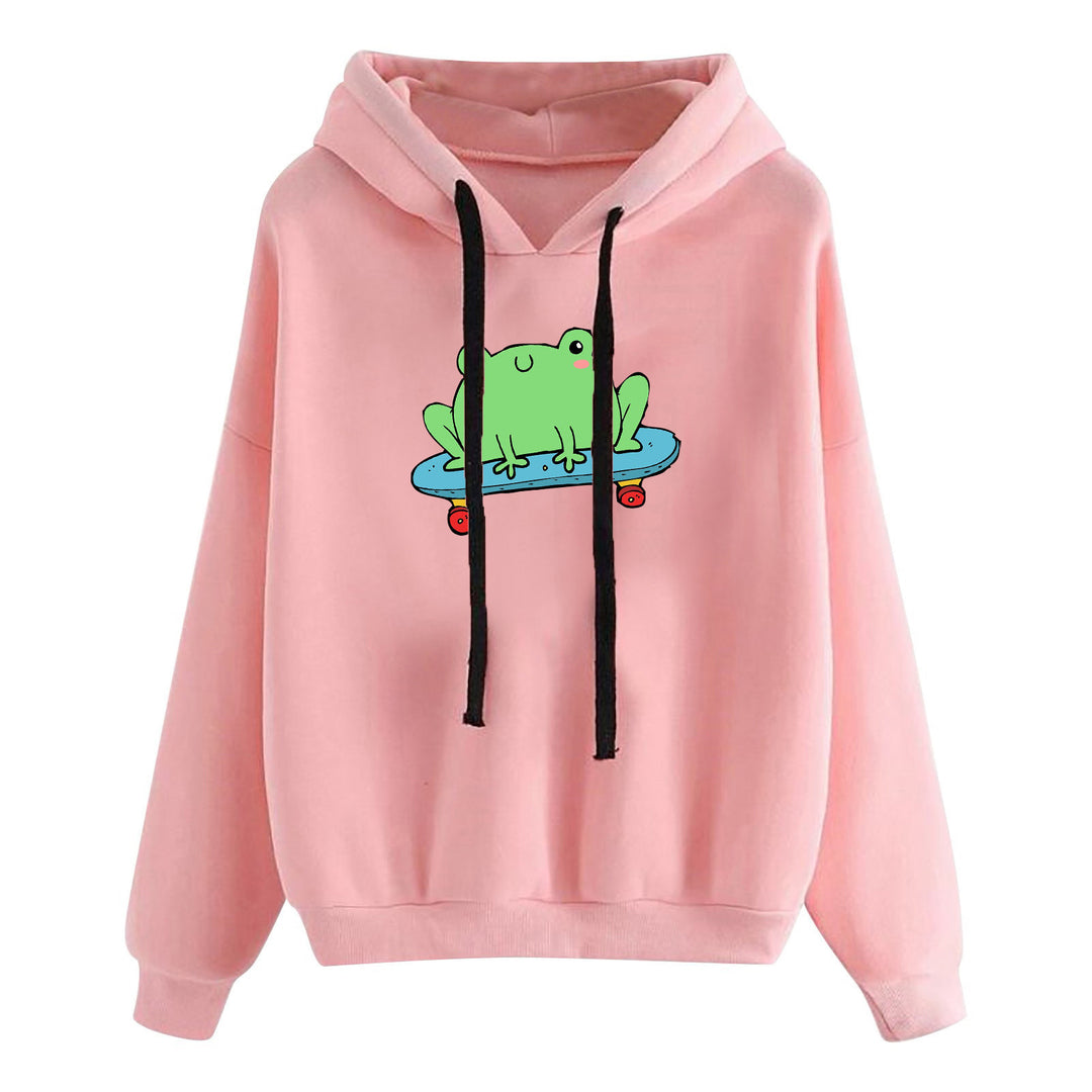 Damen nan kurz geschnittener Cropped-Kapuzenpullover mit niedlicher Frosch-Illustration und verstellbarer Kapuze Nord Taschen
