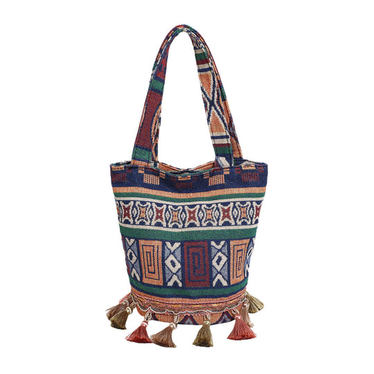 Damen Jute-Tragetasche mit modernem Ethnodruck und trendigen Quasten Nord Taschen