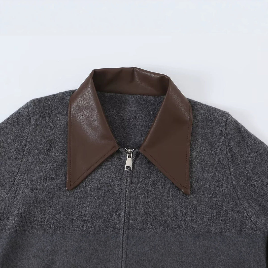 Damen Kurzer Wollmix-Cardigan mit Reißverschluss und kontrastierendem Kunstlederkragen Nord Taschen