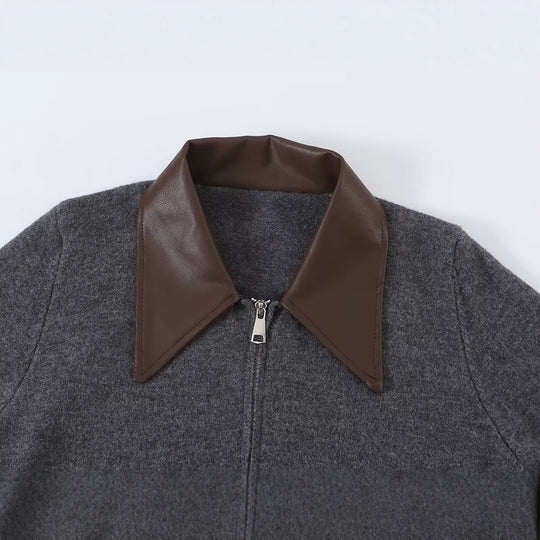 Damen Kurzer Wollmix-Cardigan mit Reißverschluss und kontrastierendem Kunstlederkragen Nord Taschen