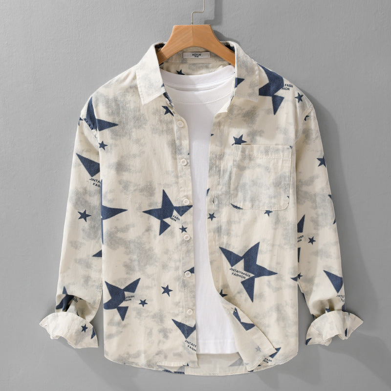 Herren Lockeres Baumwoll-Blend Overshirt mit Stern-Print und Brusttasche Nord Taschen