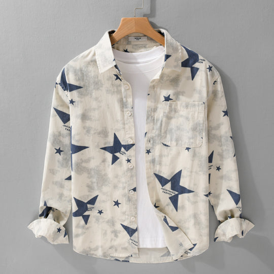 Herren Lockeres Baumwoll-Blend Overshirt mit Stern-Print und Brusttasche Nord Taschen