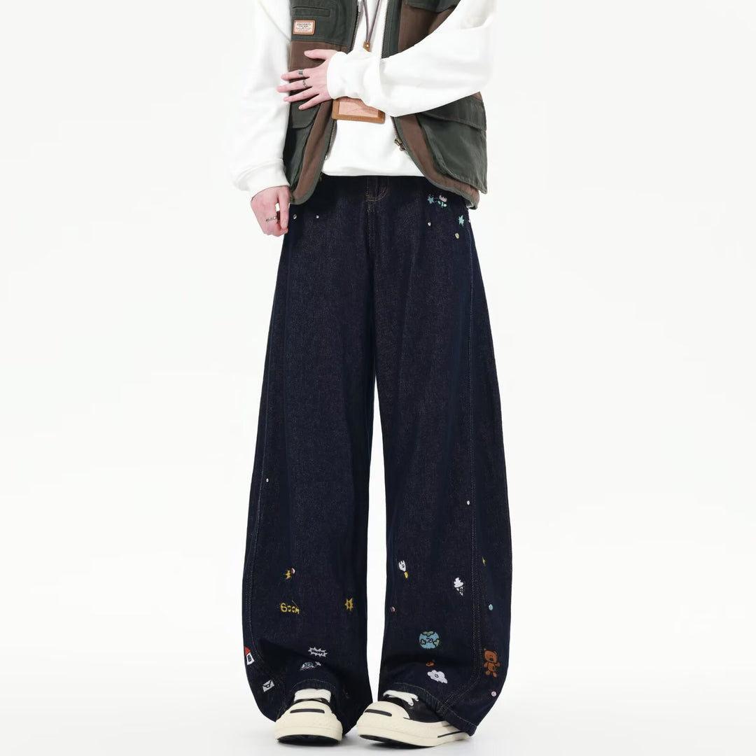 Herren Extraweite Baggy-Jeans mit verspielten Stickereien und weitem Bein Nord Taschen