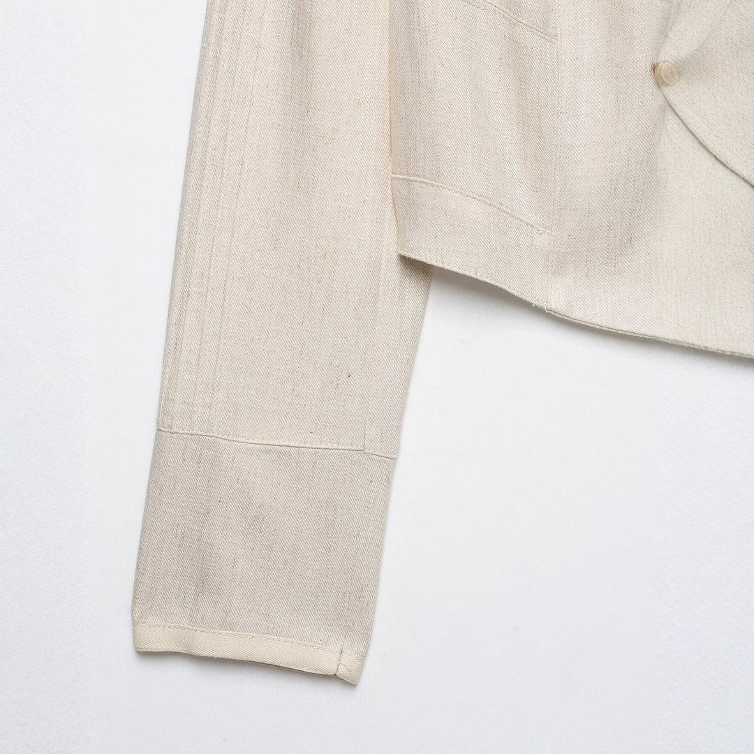 Damen Cropped-Jacke aus Leinenmix mit Stehkragen, Zierknopfleiste und Rüschendetail Nord Taschen