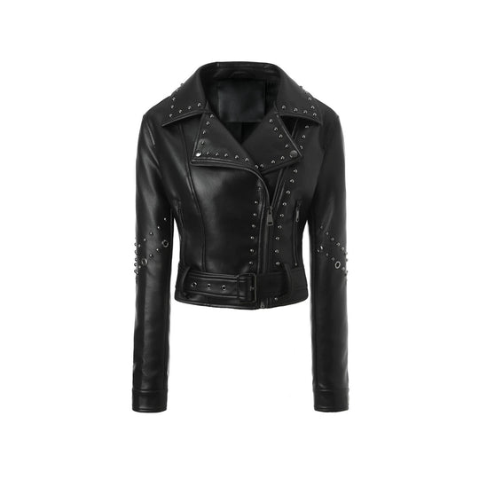 Damen Kurze Kunstleder-Bikerjacke mit Nietenbesatz und breitem Taillengürtel Nord Taschen