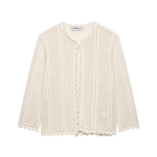 Damen Lockerer Häkelstrick-Cardigan mit feinem Lochmuster und Scallop-Saum Nord Taschen