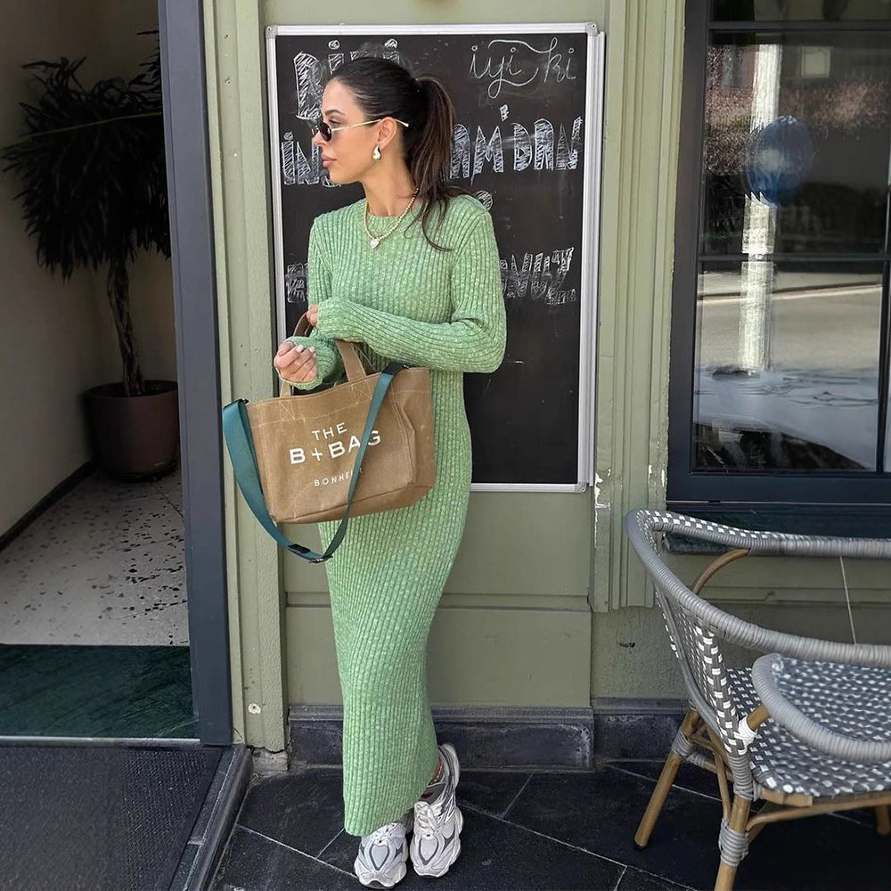 Damen Langes geripptes Strickkleid mit passendem Maxicardigan, Seitentasten und voluminösen Ballonärmeln Nord Taschen
