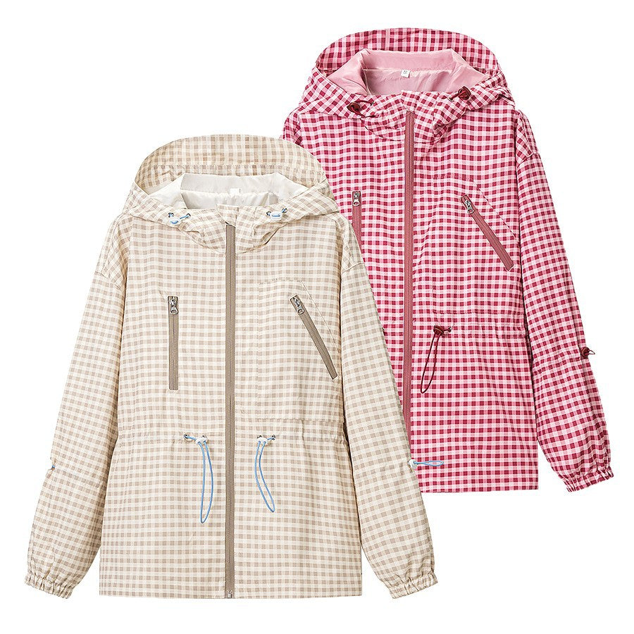 Damen Leichte Kapuzen-Outdoorjacke im Vichy-Karo mit Tunnelzugtaillierung Nord Taschen