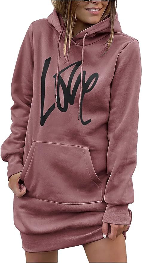 Damen Fleece-Kapuzenkleid mit Kängurutasche, Daumenlochärmeln und Oversize-Sweatshirt-Schnitt Nord Taschen