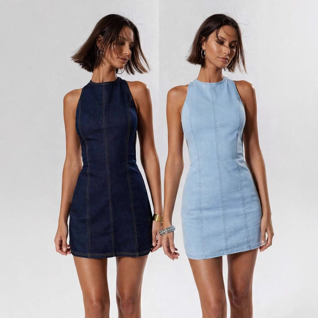 Damen figurbetontes Denim-Kleid mit Seitenschlitzen und hohem Kragen