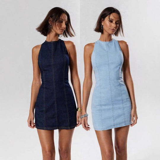 Damen figurbetontes Denim-Kleid mit Seitenschlitzen und hohem Kragen
