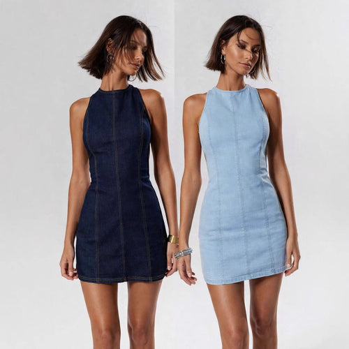 Damen figurbetontes Denim-Kleid mit Seitenschlitzen und hohem Kragen