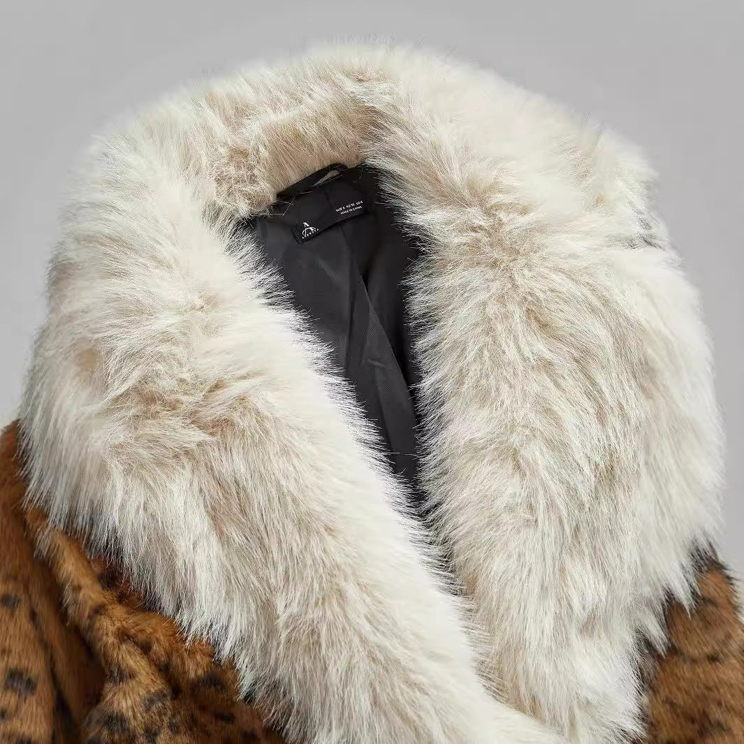 Damen Midilanger Kunstpelzmantel mit kontrastierendem Hochflor‑Schalkragen und Leopardenprint Nord Taschen