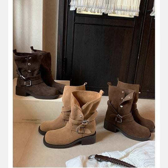 Damen Veloursleder-Bikerstiefel mit Schnallen und mittlerem Blockabsatz Nord Taschen