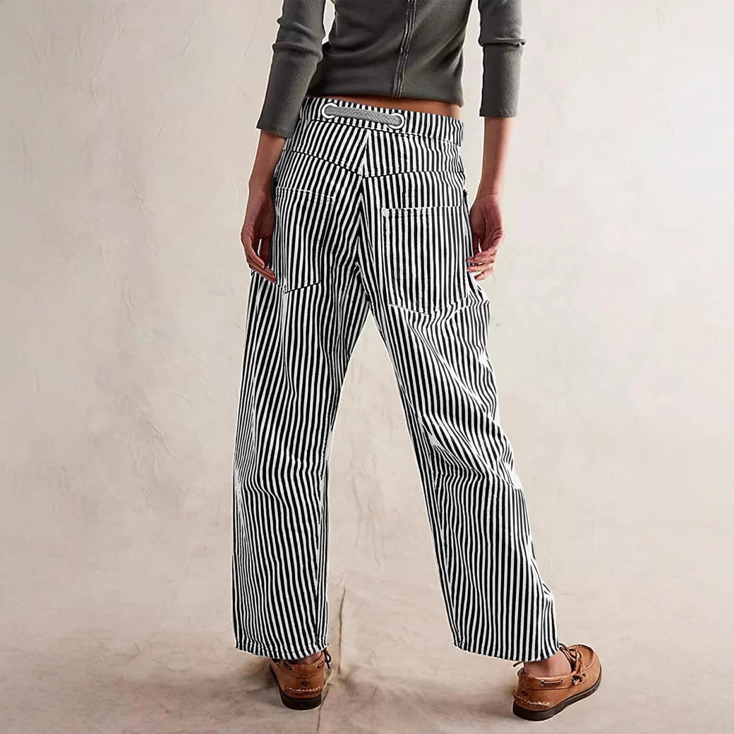 Damen lässige gestreifte Leinenhose mit Kordelzug und aufgesetzten Taschen Nord Taschen