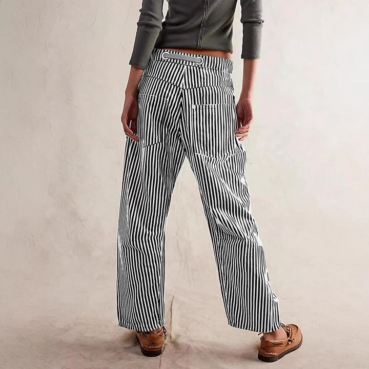 Damen lässige gestreifte Leinenhose mit Kordelzug und aufgesetzten Taschen Nord Taschen