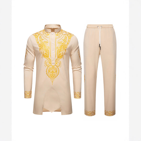 Herren Ornamentales Tunika-Set mit Stehkragen, Halbknopfleiste und goldverziertem Print Nord Taschen