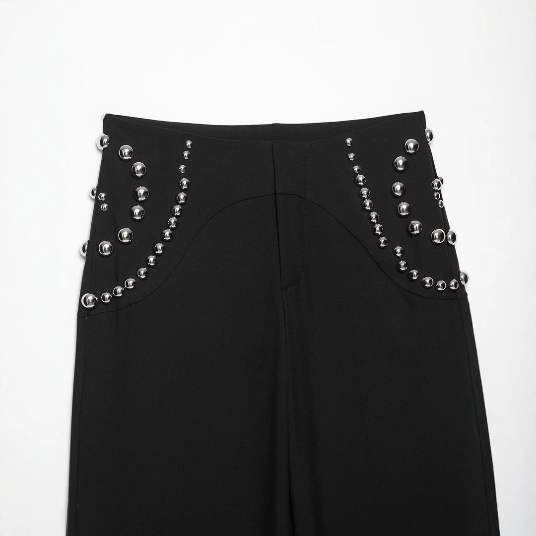 Damen Weite Highwaist-Hose mit Nietenbesatz und dekorativen Zierperlen Nord Taschen