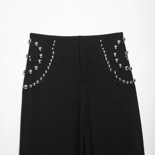 Damen Weite Highwaist-Hose mit Nietenbesatz und dekorativen Zierperlen Nord Taschen