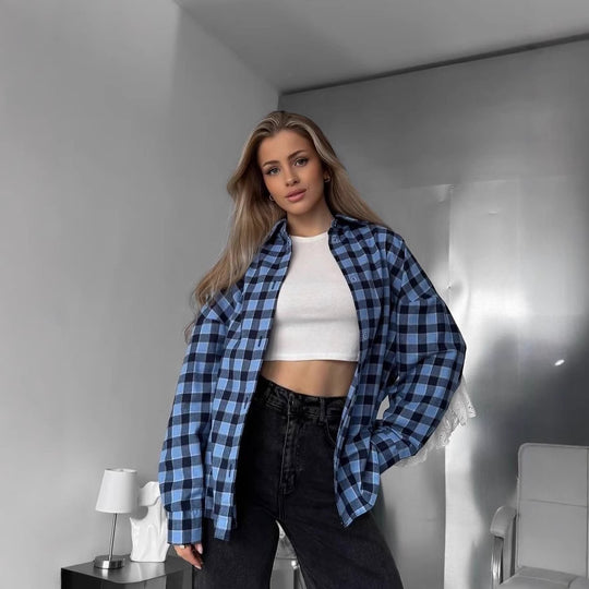 Damen Oversized Karierte Flanell-Hemdjacke mit lockerer Passform Nord Taschen