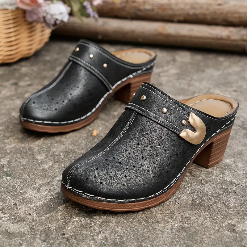 Damen elegante Clogs mit modischem Blumendesign und geschmackvoller Schnalle