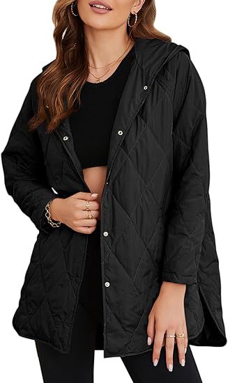 Damen gesteppte Kapuzenjacke mit Druckknopfleiste, seitlichen Schlitzen und mittlerer Länge Nord Taschen