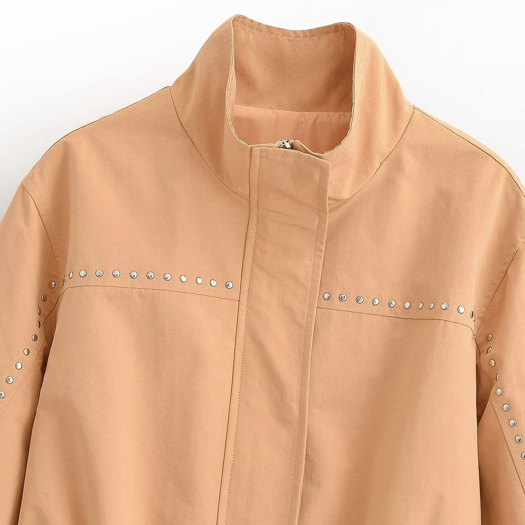 Damen Kurzjacke mit Nietenbesatz, Stehkragen und Taillengürtel Nord Taschen