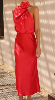 Damen Fließendes Maxikleid mit elegantem Stehkragen und Drapierung