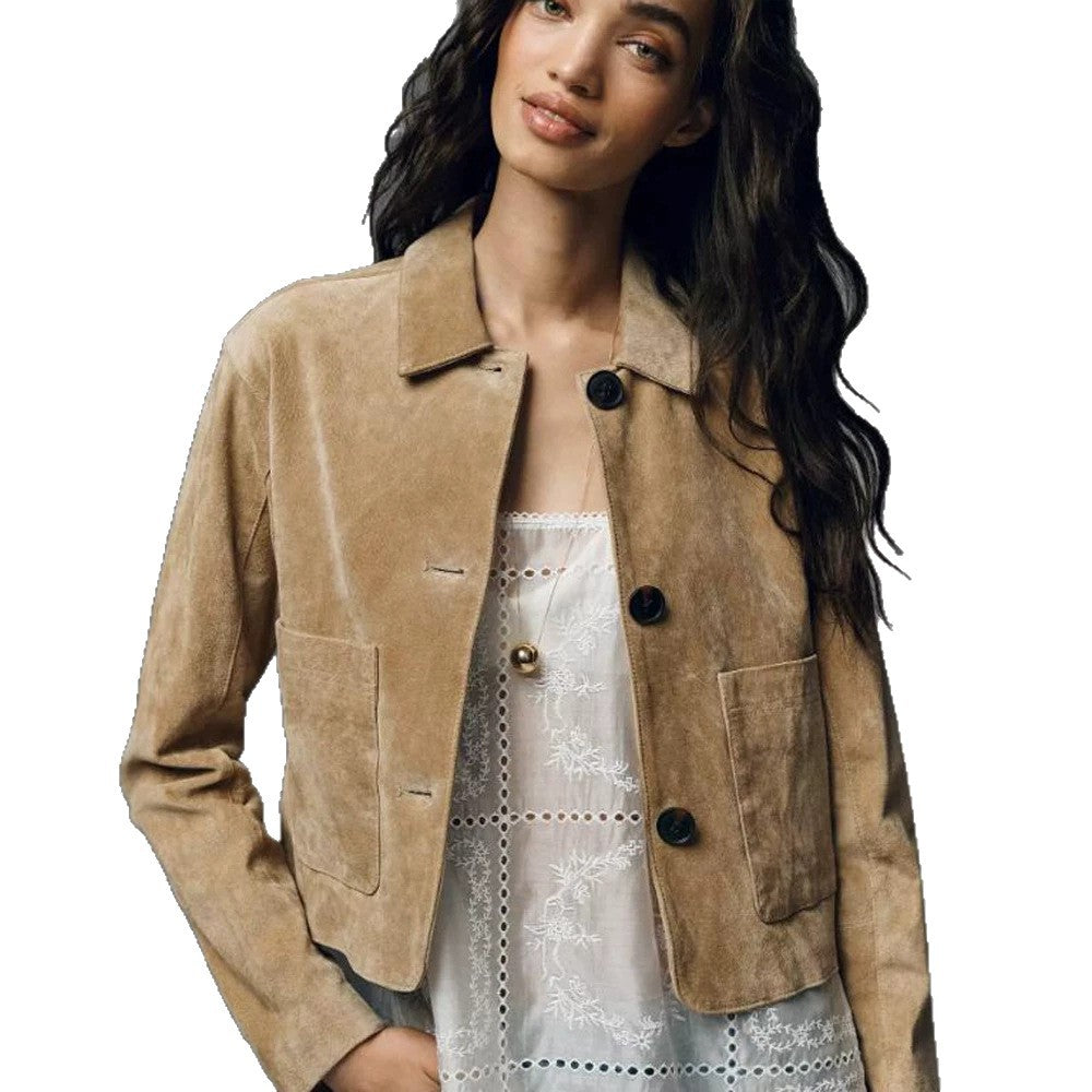 Damen Kurze Velourslederjacke im Clean-Cut mit aufgesetzten Taschen Nord Taschen