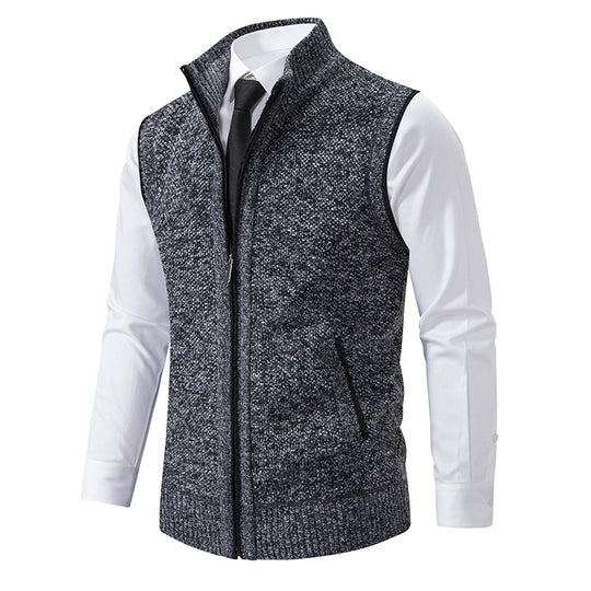 Herren Ärmellose Mélange‑Strickweste mit Stehkragen, durchgehendem Reißverschluss und Eingrifftaschen Nord Taschen