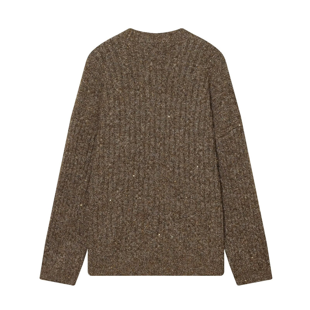 Damen Grobgestrickter V‑Neck Cardigan mit Perlmuttknöpfen und melierter Tweedoptik Nord Taschen