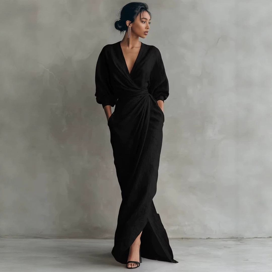 Damen Wickel-Maxikleid aus Leinenmix mit tiefem V-Ausschnitt und Ballonärmeln Nord Taschen