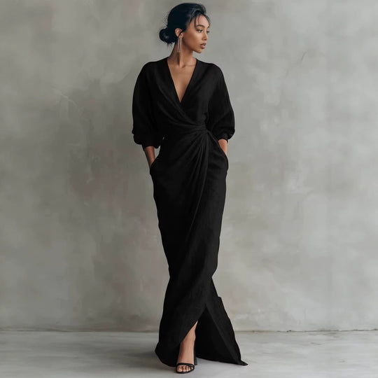 Damen Wickel-Maxikleid aus Leinenmix mit tiefem V-Ausschnitt und Ballonärmeln Nord Taschen