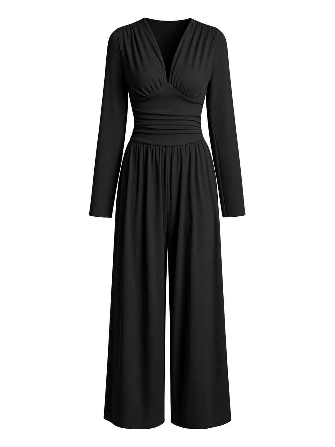 Damen Eleganter V‑Ausschnitt Jumpsuit mit tailliertem Wickelbund und weitem Hosenbein Nord Taschen