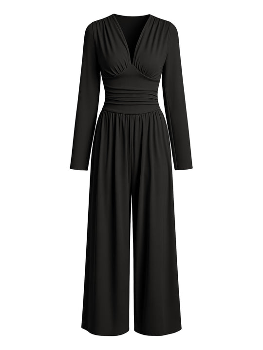 Damen Eleganter V‑Ausschnitt Jumpsuit mit tailliertem Wickelbund und weitem Hosenbein Nord Taschen