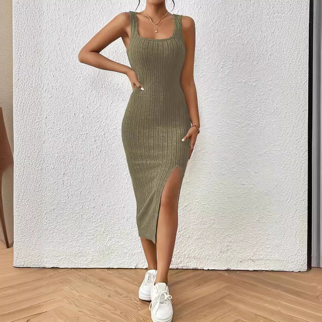 Damen figurbetontes Maxikleid mit hohem Schlitz und dekorativem Rippenmuster